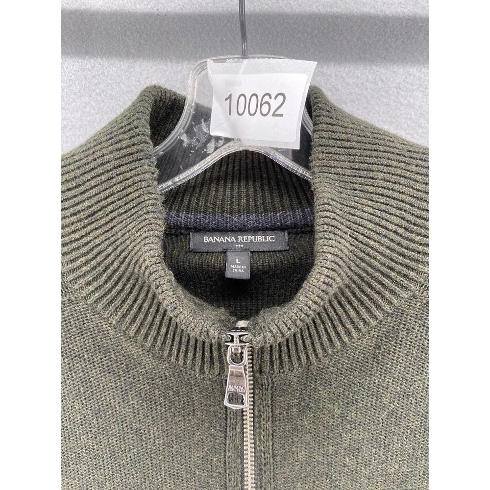 Banana Republic Sweater Men Sz Large Green Gray Wool Full‎ Zip Elbow Patch Cabin